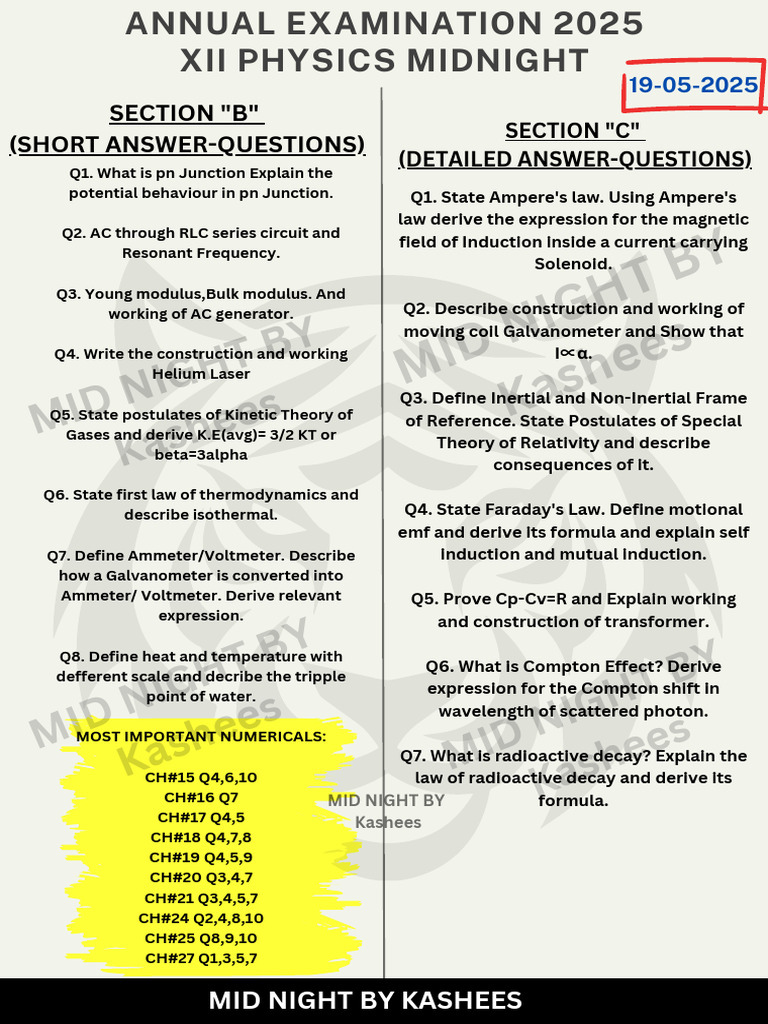 Annual Examination 2025 Xii Physics Midnight by Kashees | PDF ...