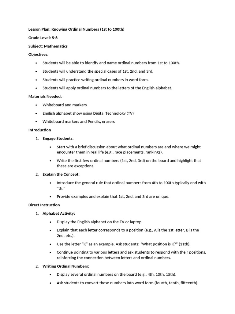 Lesson Plan for Ordinal Numbers 1st-100th | PDF | English Language ...