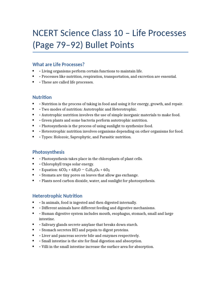 NCERT 79 To 92 LifeProcesses BulletPoints | PDF | Blood | Digestion