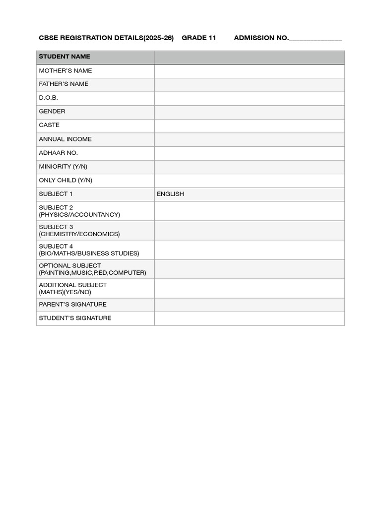 CBSE Class 11 Registration Form 2025-26 | PDF