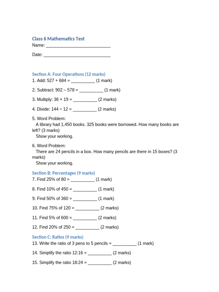 Class 6 Math Test | PDF