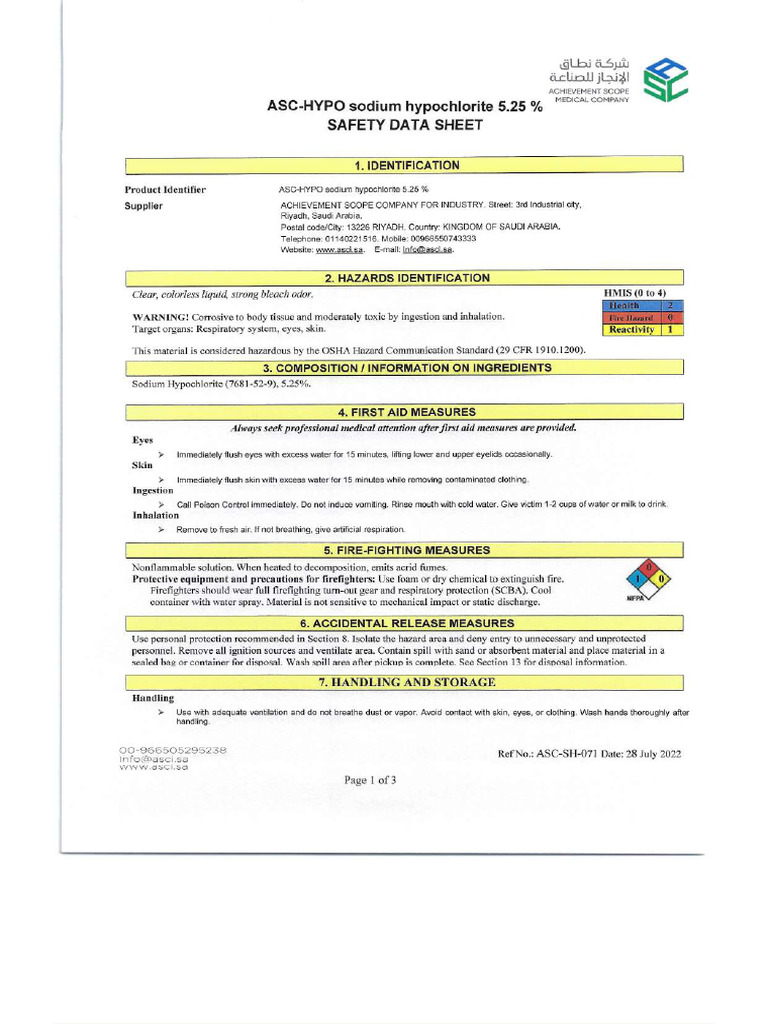 Sodium Hypochlorite Sds Pdf