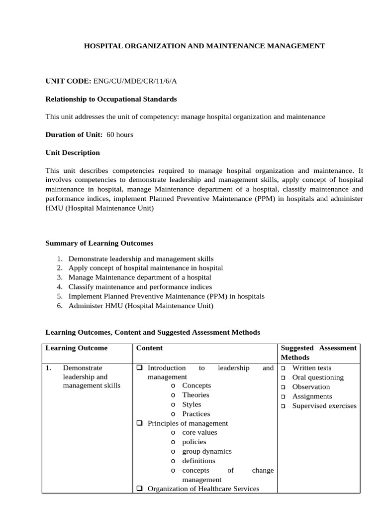 Hospital Maintenance Management | PDF