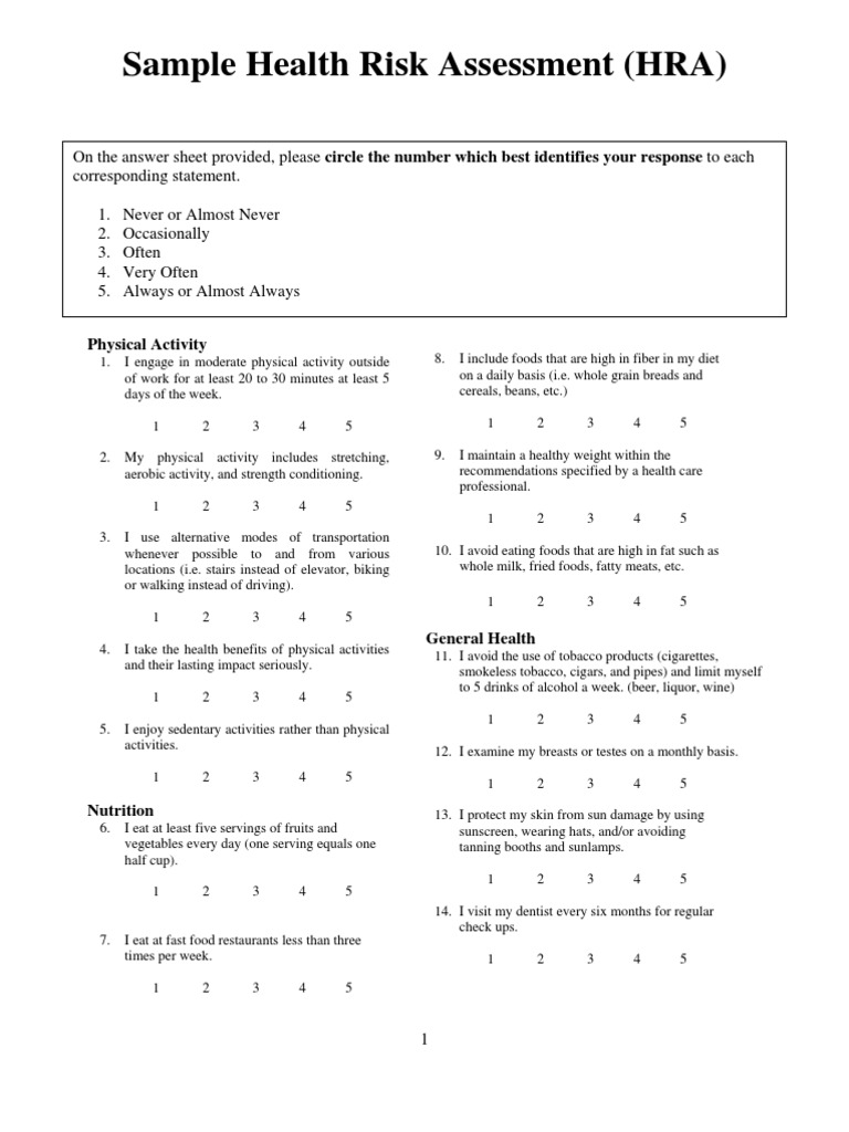 Sample HRA assessment | PDF | Foods | Wellness