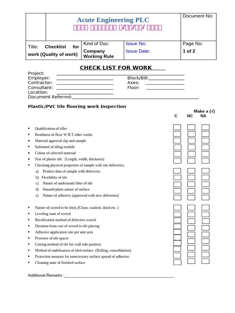 34.0 Plastic, PVC Tile Flooring Work Inspection | PDF | Tile | Flooring