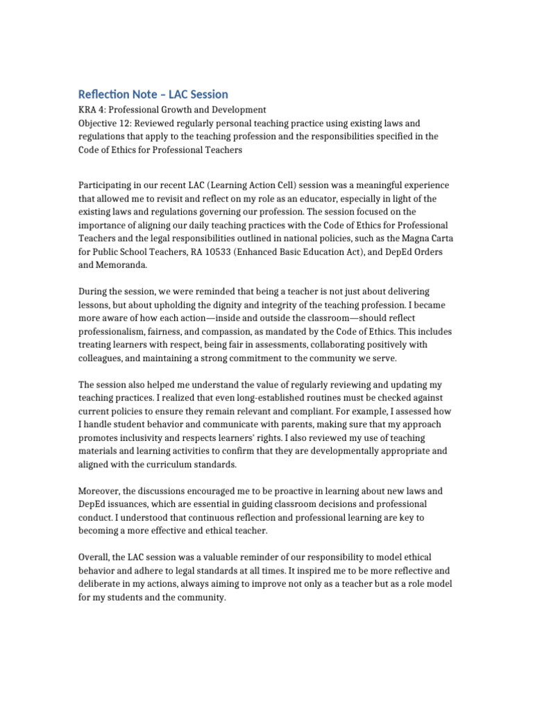 Reflection on LAC Session 2023 | PDF | Teachers | Learning