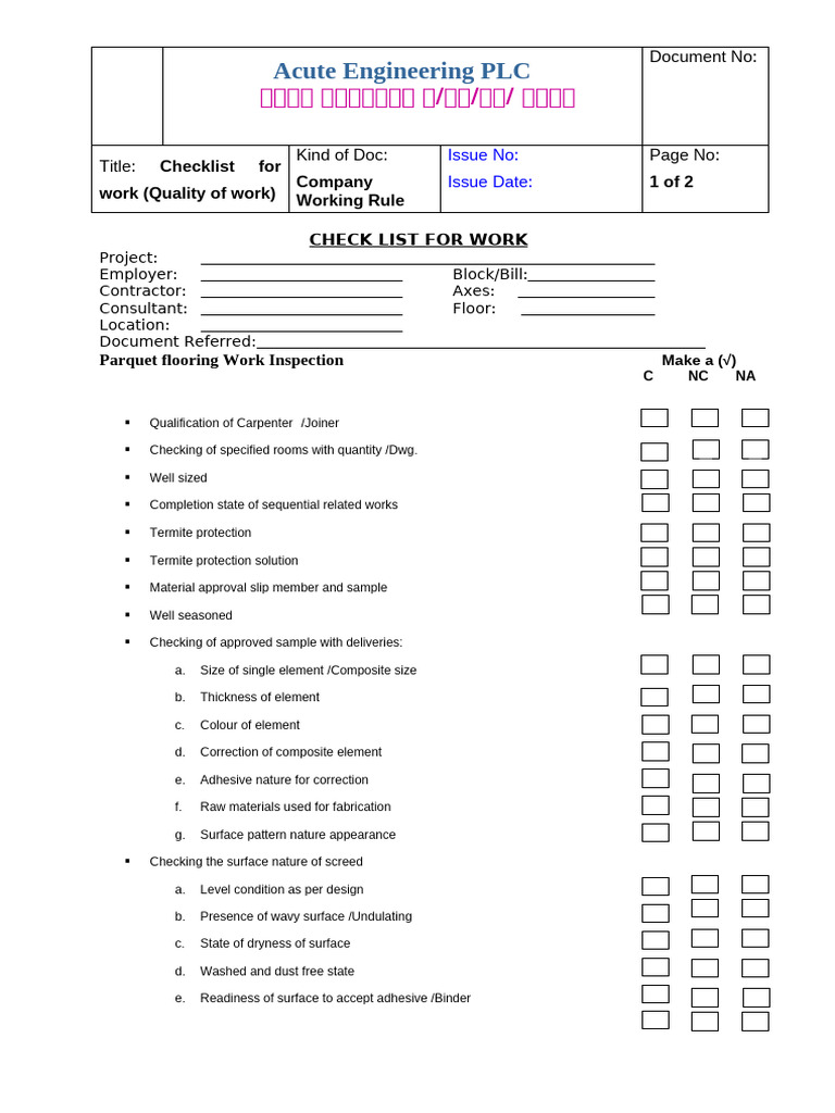 Parquet Flooring Work Inspection Checklist | PDF | Lumber | Building ...