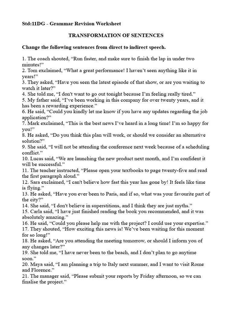 Sentence Transformation Worksheet | PDF
