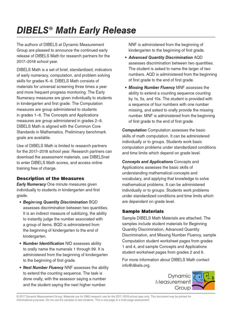 DIBELS Math Early Release Overview | PDF | Mathematics | Worksheet