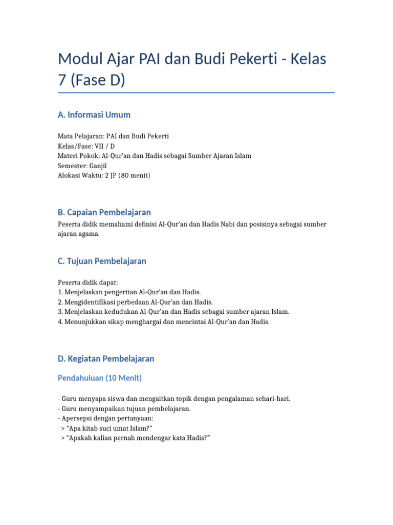 Modul Ajar PAI Kelas 7 Semester 1 | PDF