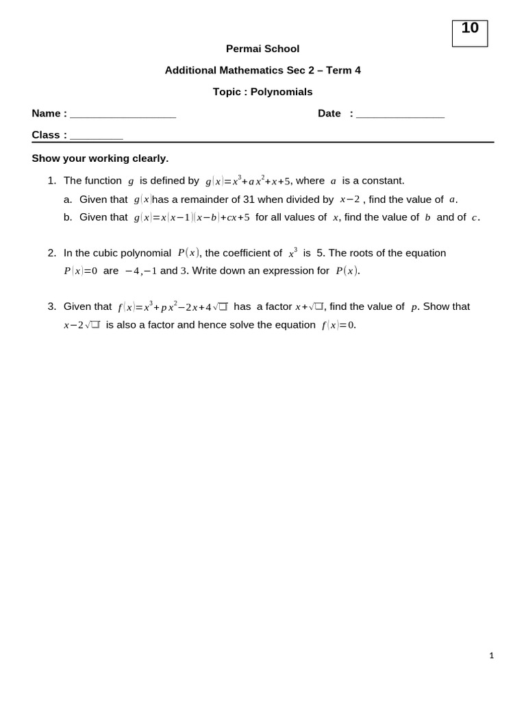 Polynomial Worksheets for Sec 2 Term 4 | PDF