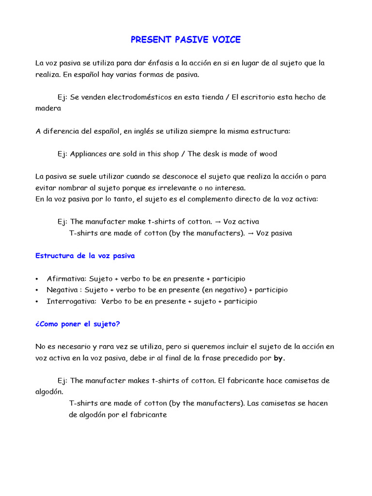 Estructura de la Voz Pasiva en Inglés | PDF | Asunto (gramática) | Verbo