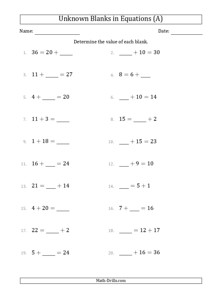 Algebra Unknown Blanks in Equations Any Position Addition 0120 001. ...