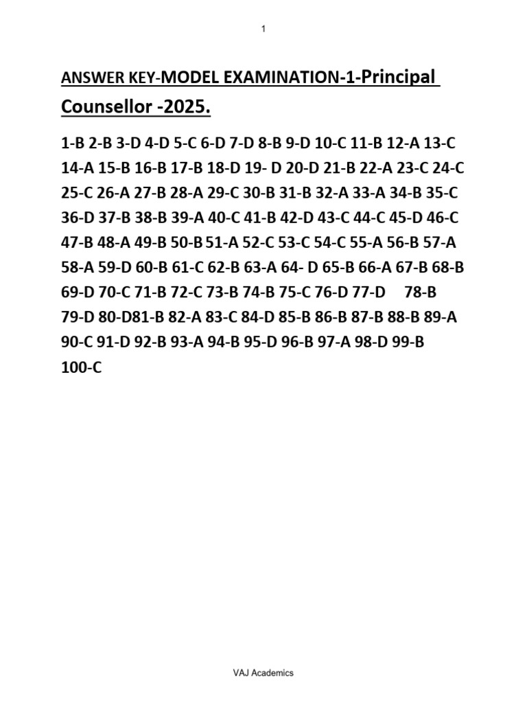 Answer Key Model Examination 1 Principal Counsellor 2025. | PDF