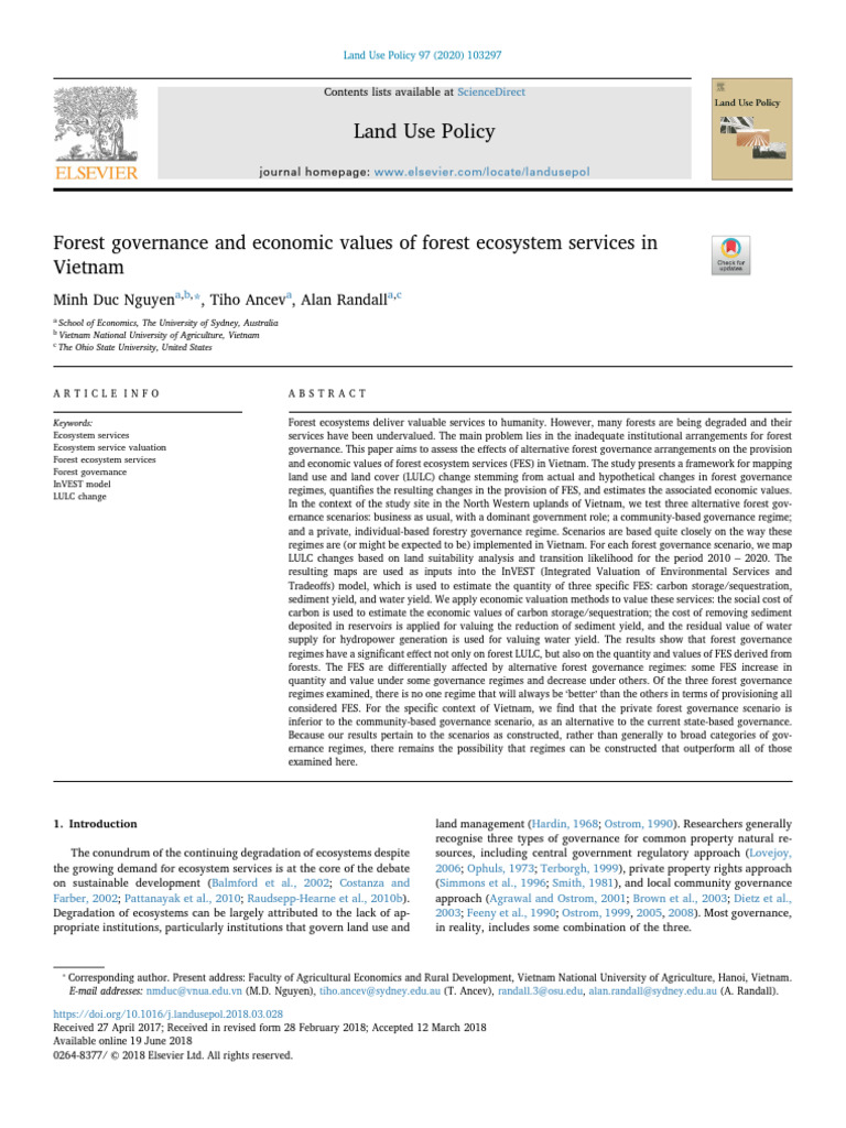 2018 Forest Governance and Economic Values of Forest Ecosystem Services ...