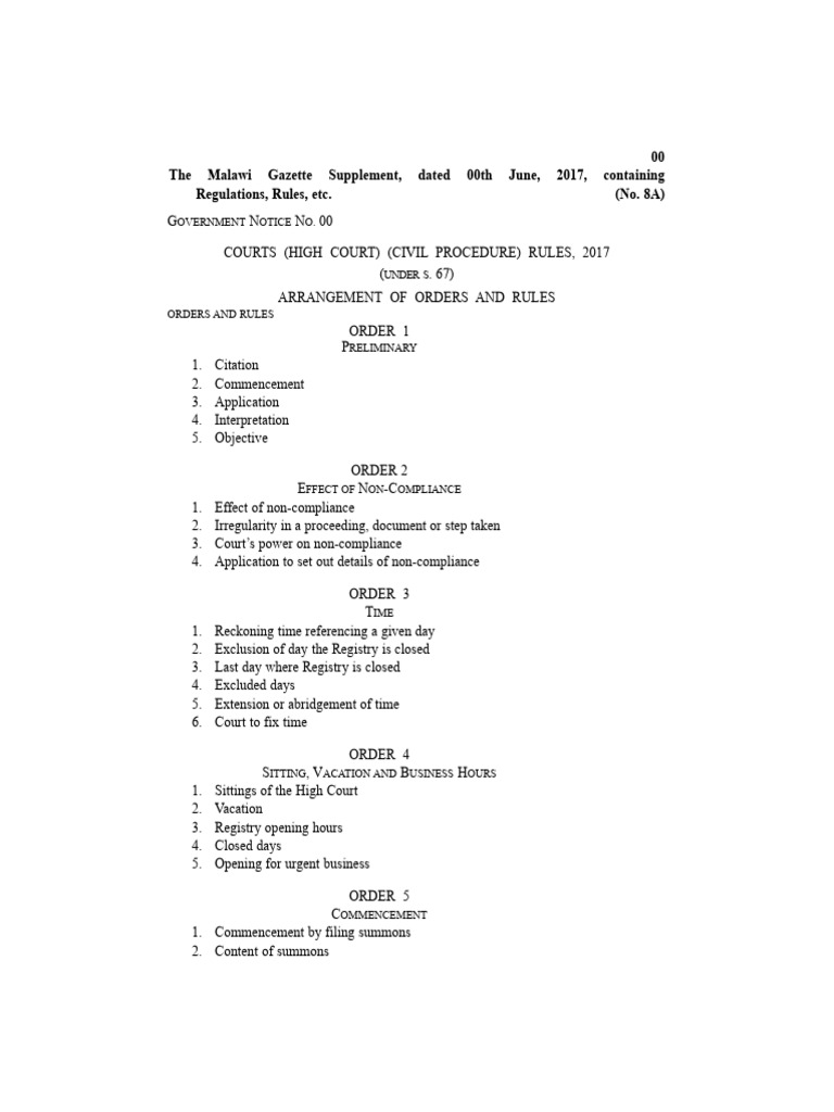 Malawi High Court Civil Procedure Rules | PDF | Default Judgment ...
