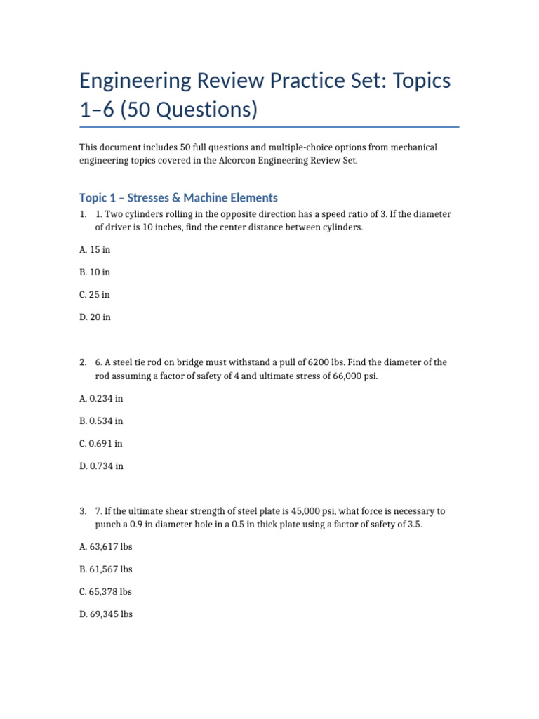 Mechanical Engineering Review Questions | PDF | Gear | Screw