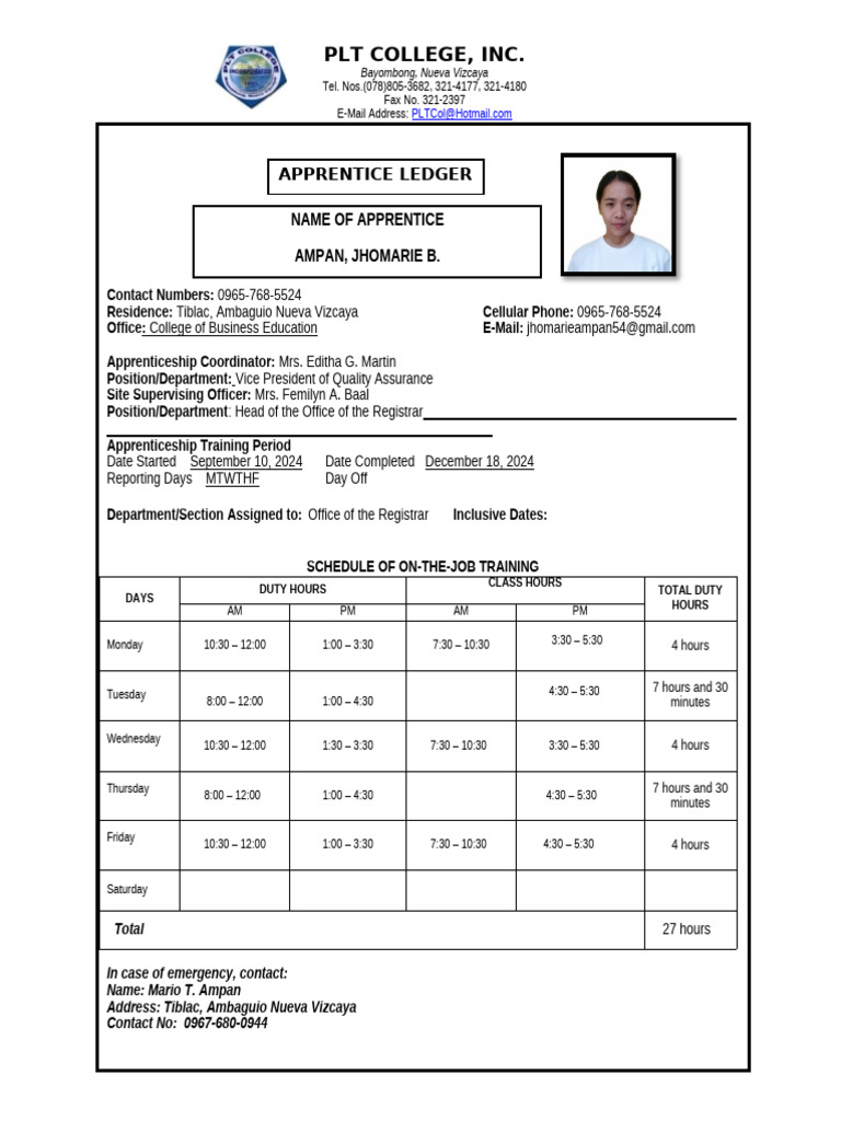Apprentice Ledger for Jhomarie Ampan | PDF