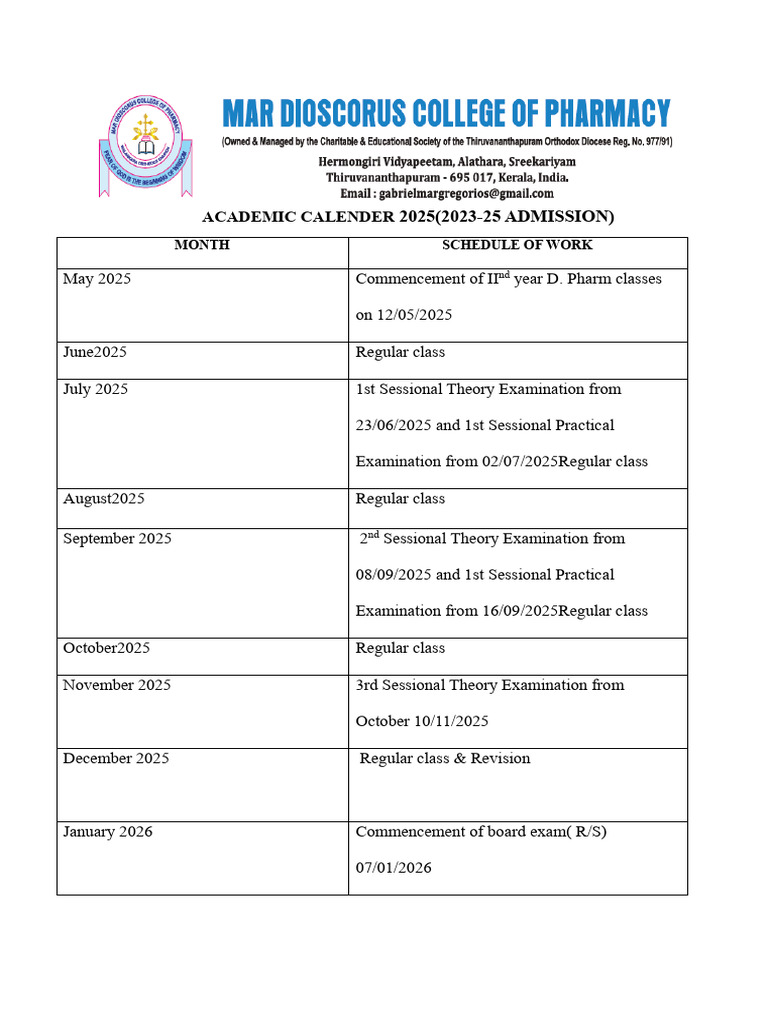 Academic Calendar 2025 for D. Pharm | PDF