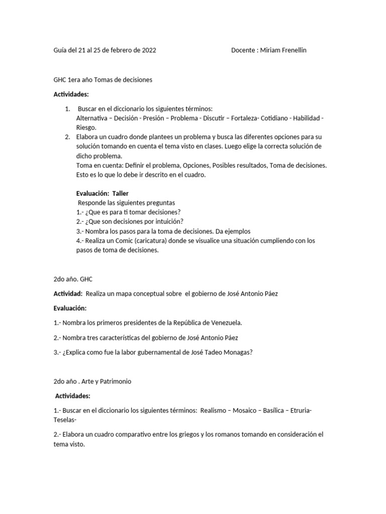 Guía Del 21 Al 25 de Febrero de 2022 Miriam Docente-2 | PDF | Toma de ...