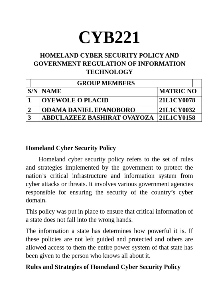 Homeland Cyber Security Policy Overview | PDF | Security | Computer ...