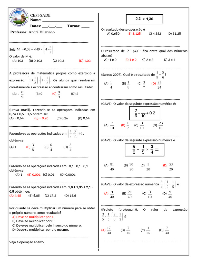 9N1.5.Calcular Operações Com Numeros Reais | PDF