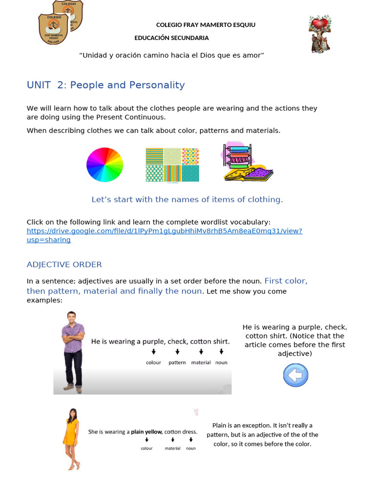 Adjective Order + Present Ontinuous + Writing | PDF