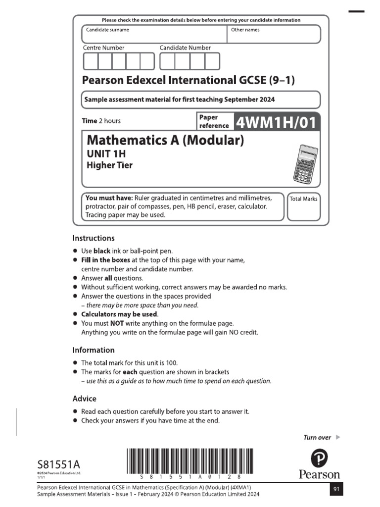 Int Gcse Mathematics Spec a Modular 4xma1 Sams | PDF