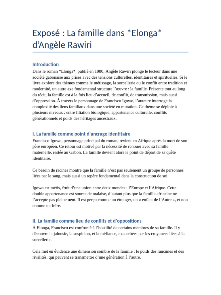 La famille dans *Elonga* d'Angèle Rawiri | PDF