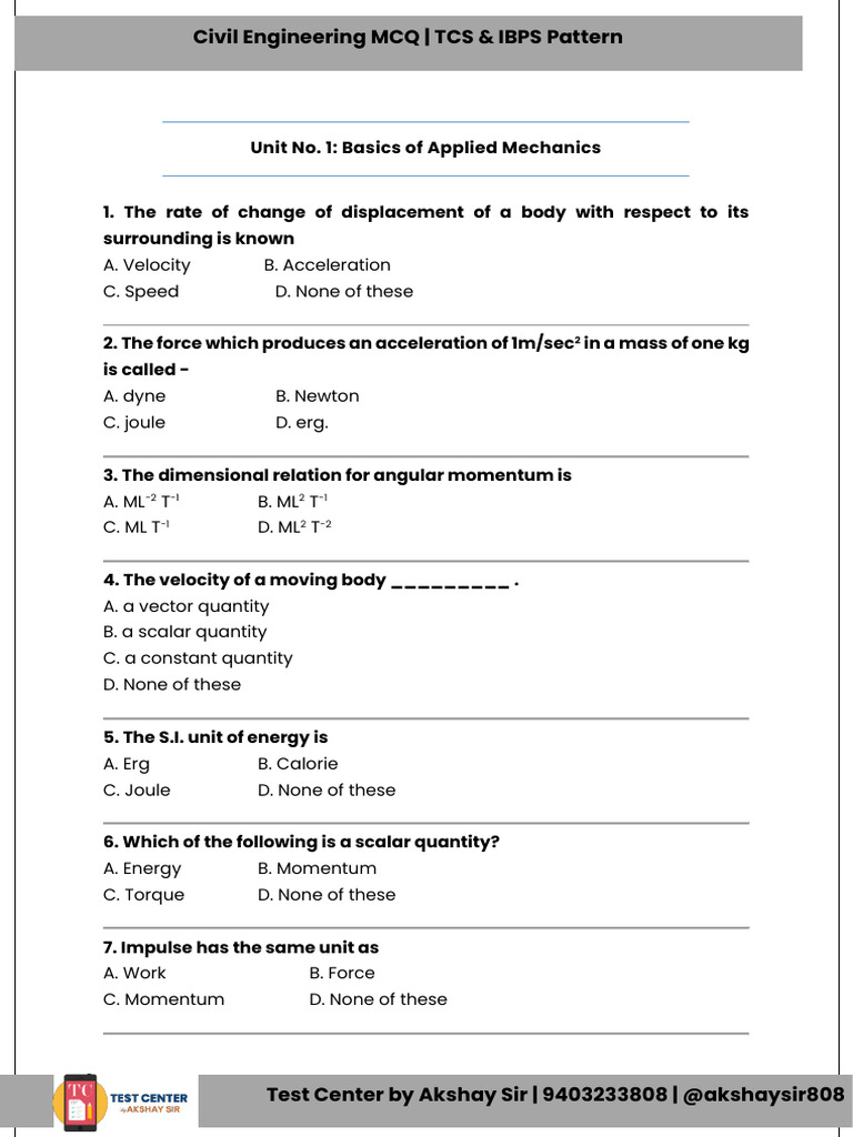 Engineering Mechanics MCQs Overview | PDF | Friction | Force