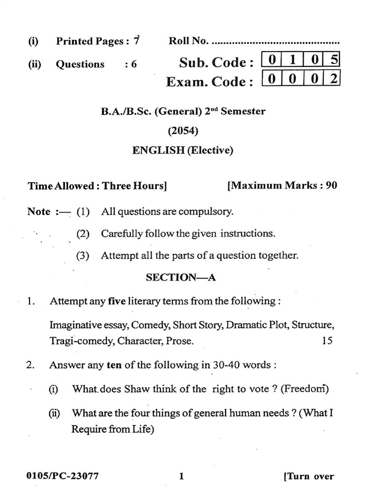 BA BSC General 2nd Sem English Elective May 2024 | PDF