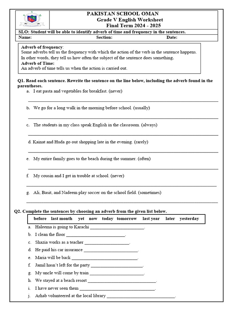 Adverb Worksheet for Grade 5 Students | PDF