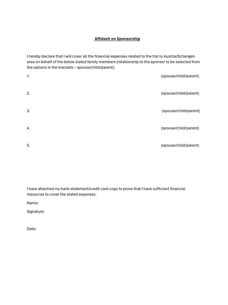 Affidavit of Sponsorship for Travel | PDF