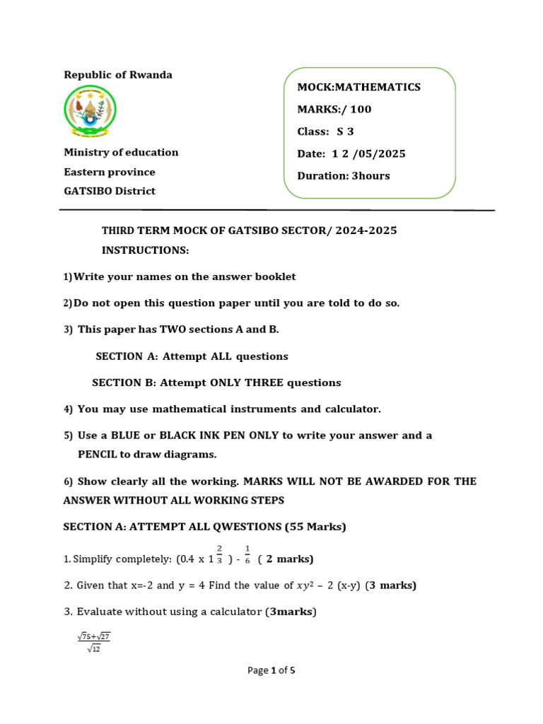 S3 Mathematics Mock Exam 2025 | PDF | Equations | Mathematics