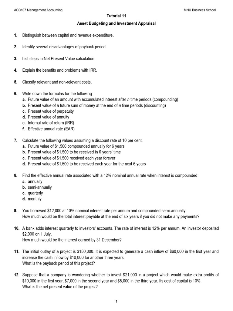 Tutorial 11 - Asset Budgeting and Investment Appraisal | PDF | Present ...