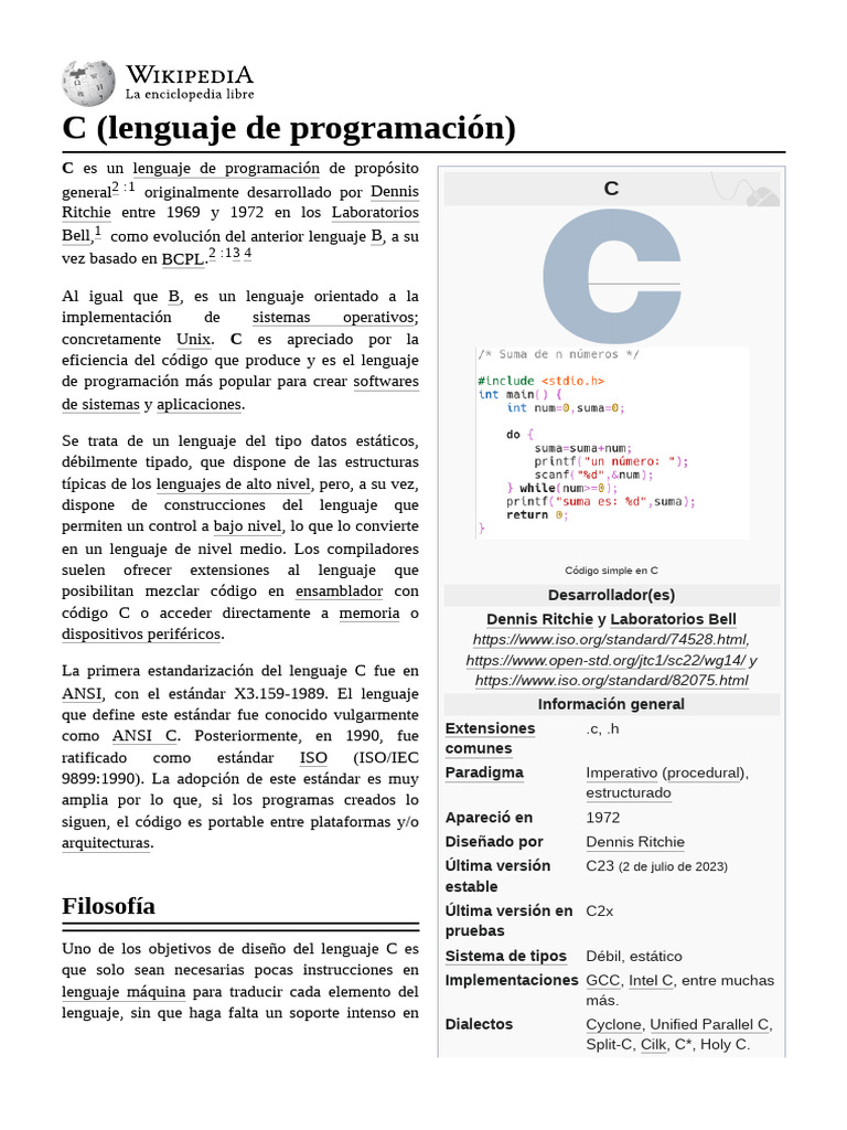 Lenguaje de programación C: características y uso | PDF | C (lenguaje ...