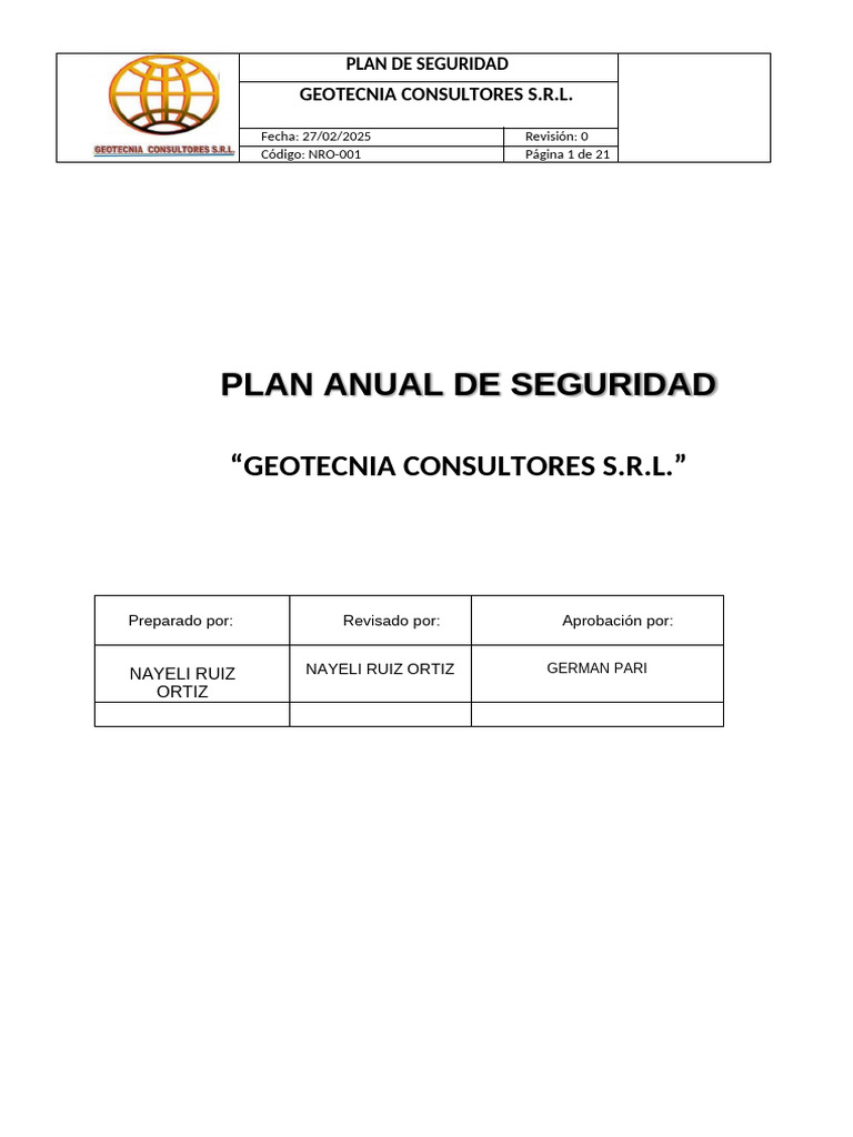 Plan Anual de Seguridad 2025 - Geotecnia | PDF | Seguridad y salud ...