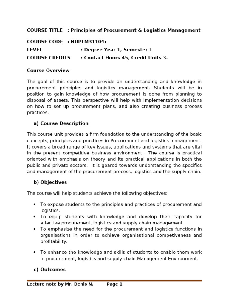 Procurement & Logistics Management Course | PDF | Logistics | Procurement
