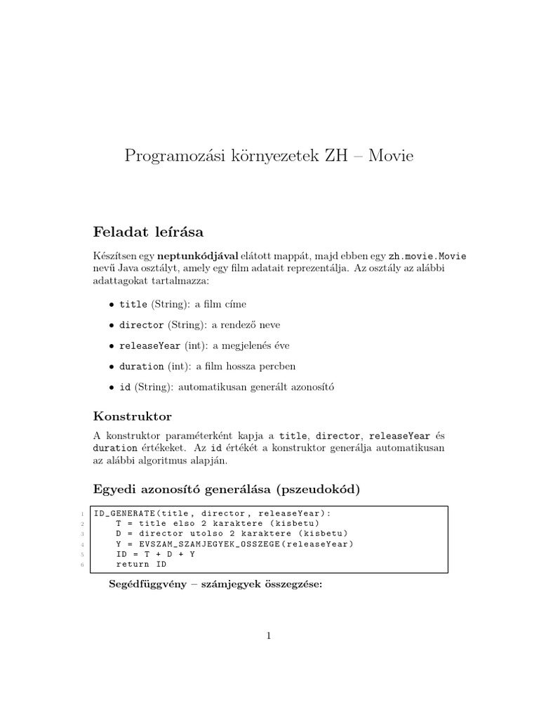 Programoz Asi K Ornyezetek ZH - Movie: Feladat Le Ir Asa | PDF