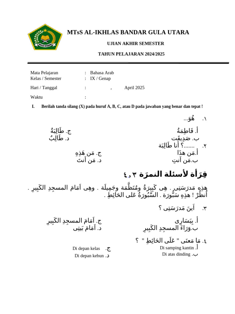 SOAL Bahasa Arab Kelas IX | PDF