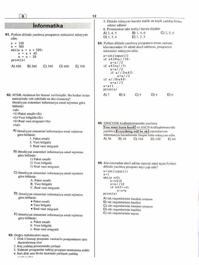 18.02.2024 - İnformatika Blok DİM Sınağı | PDF