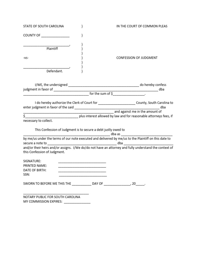 South Carolina Confession of Judgment Form | PDF