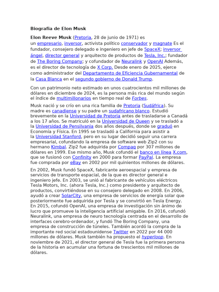 Biografía de Elon Musk: Nacionalidad y Trayectoria | PDF | Elon Musk