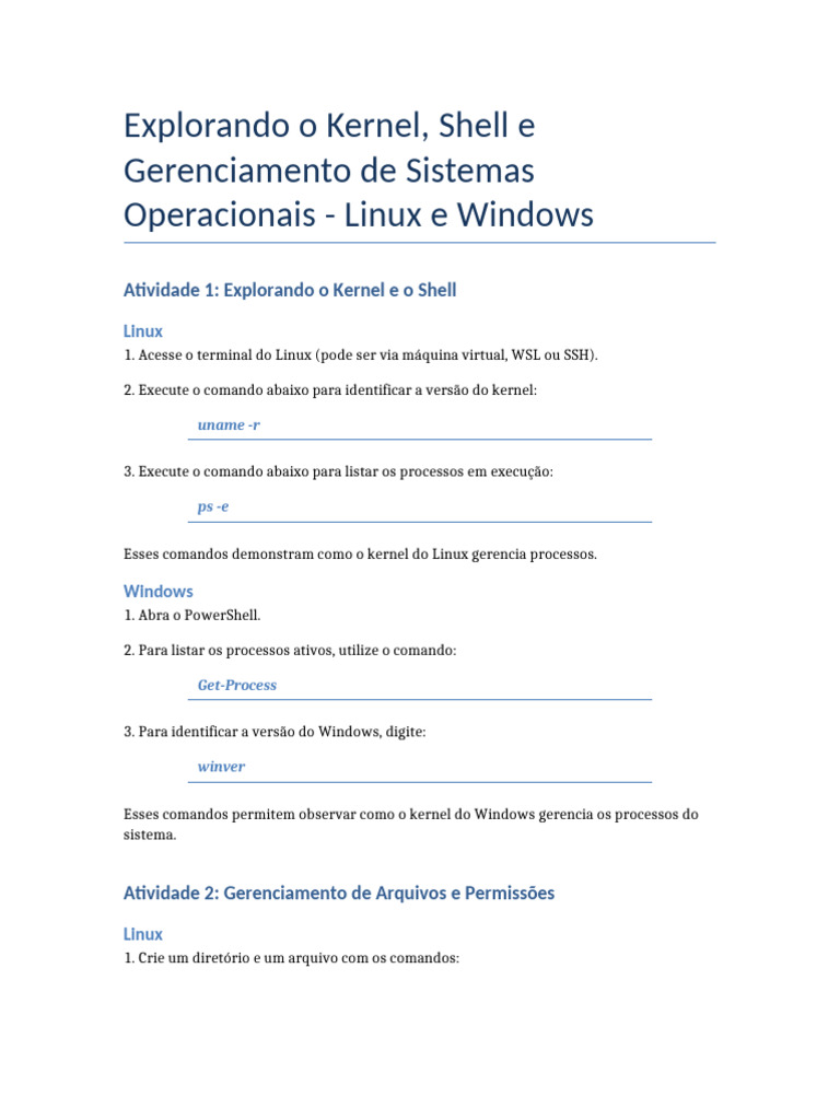 Kernel e Shell: Linux vs. Windows | PDF