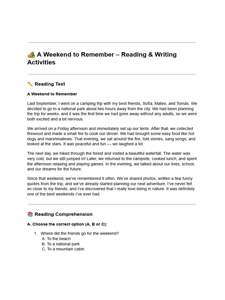 ? A Weekend To Remember - Reading & Writing Activities | PDF