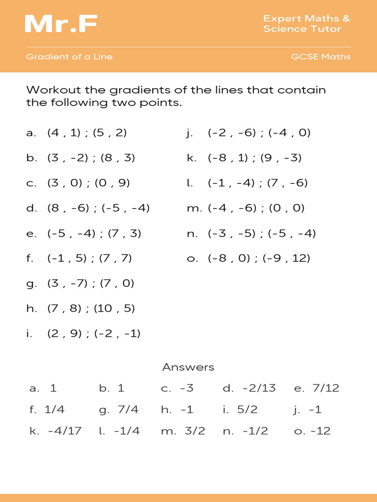 Gradient of A Line Worksheet W Answers | PDF