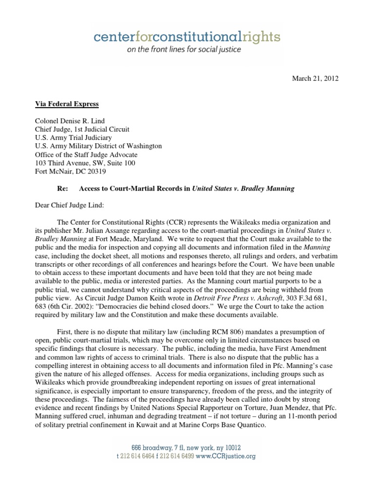 Center For Constitutional Rights: Letter For Bradley Manning 3-21-2011 ...