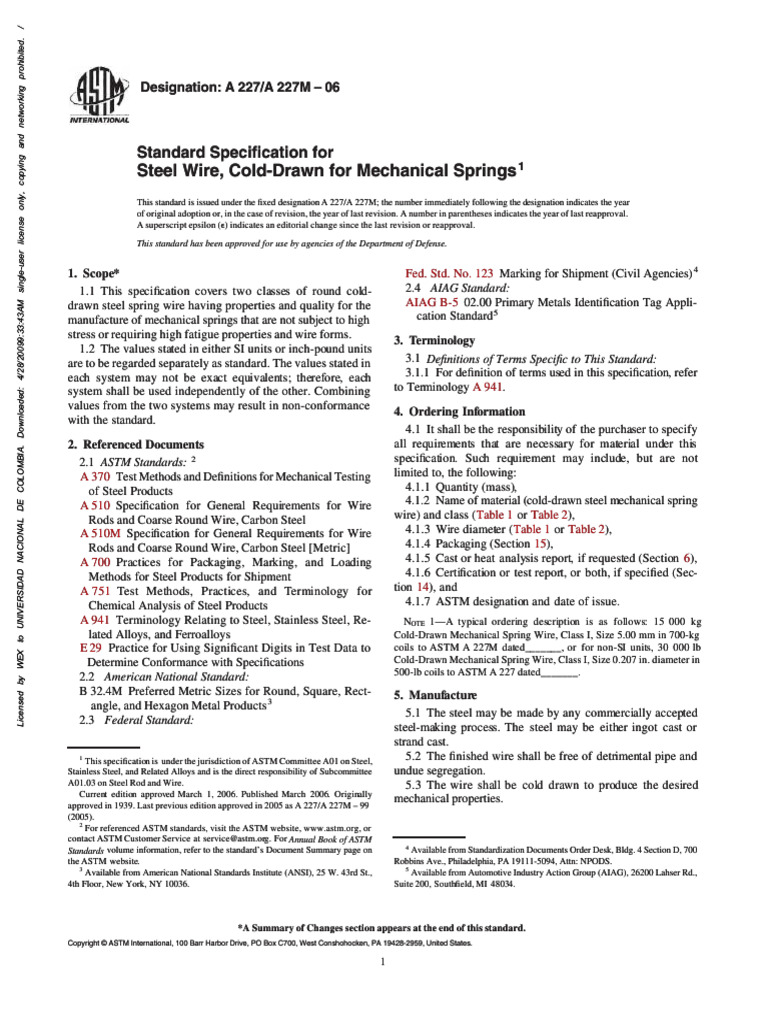 ASTM A 227 Cold-Drawn Steel Wire Standard | PDF | Steel | Wire