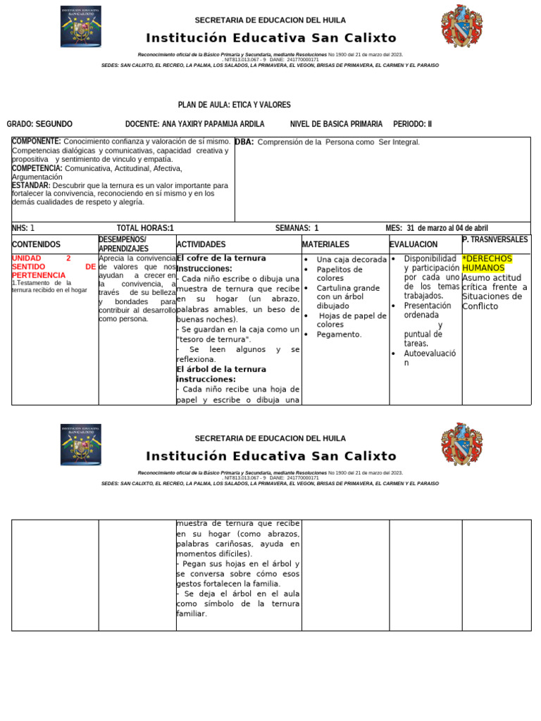Plan de Aula: Ética y Valores en 2° | PDF | Educación Secundaria ...