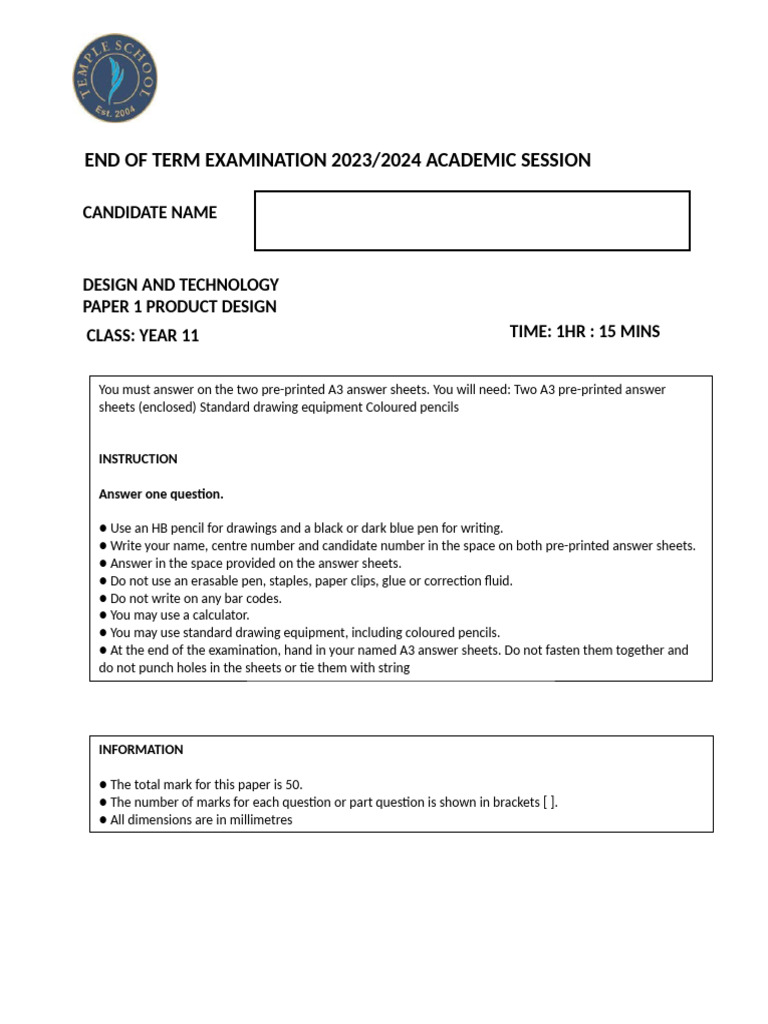 DT Paper 1 IGCSE MOCK EXAM PRODUCT DESIGN | PDF | Pencil